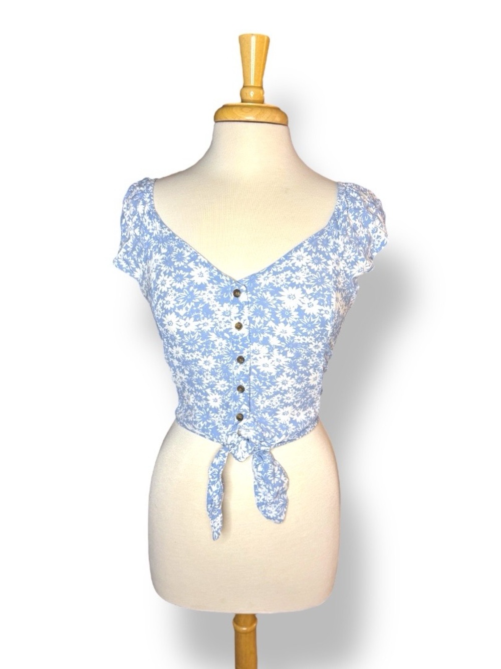 American Eagle Blue Floral Crop Top Button Front Tie Hem Size S